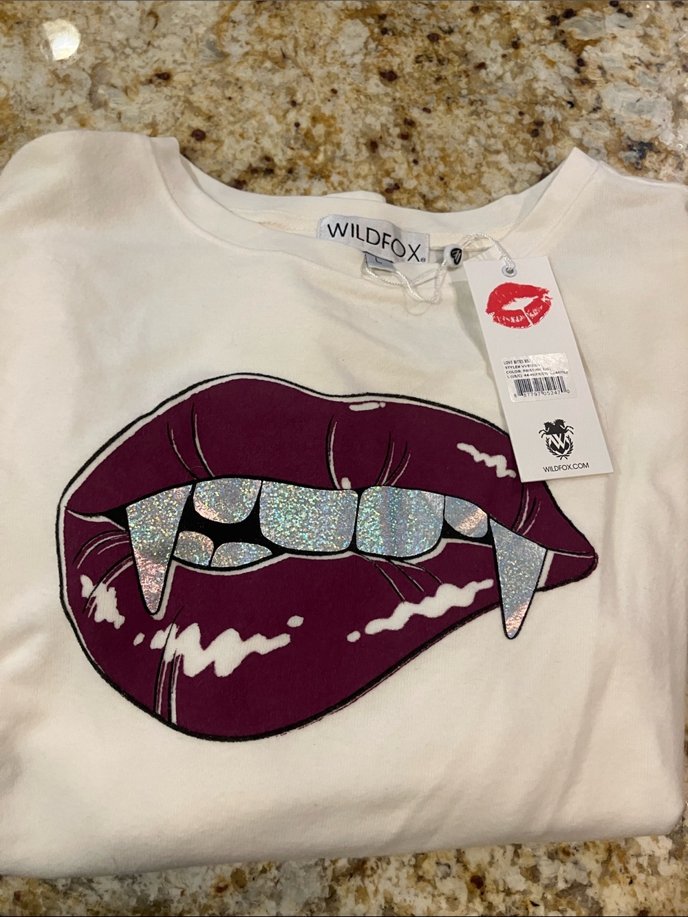 Wildfox white light weight sweatshirt with Purple Lip and Holographic Teeth Grap